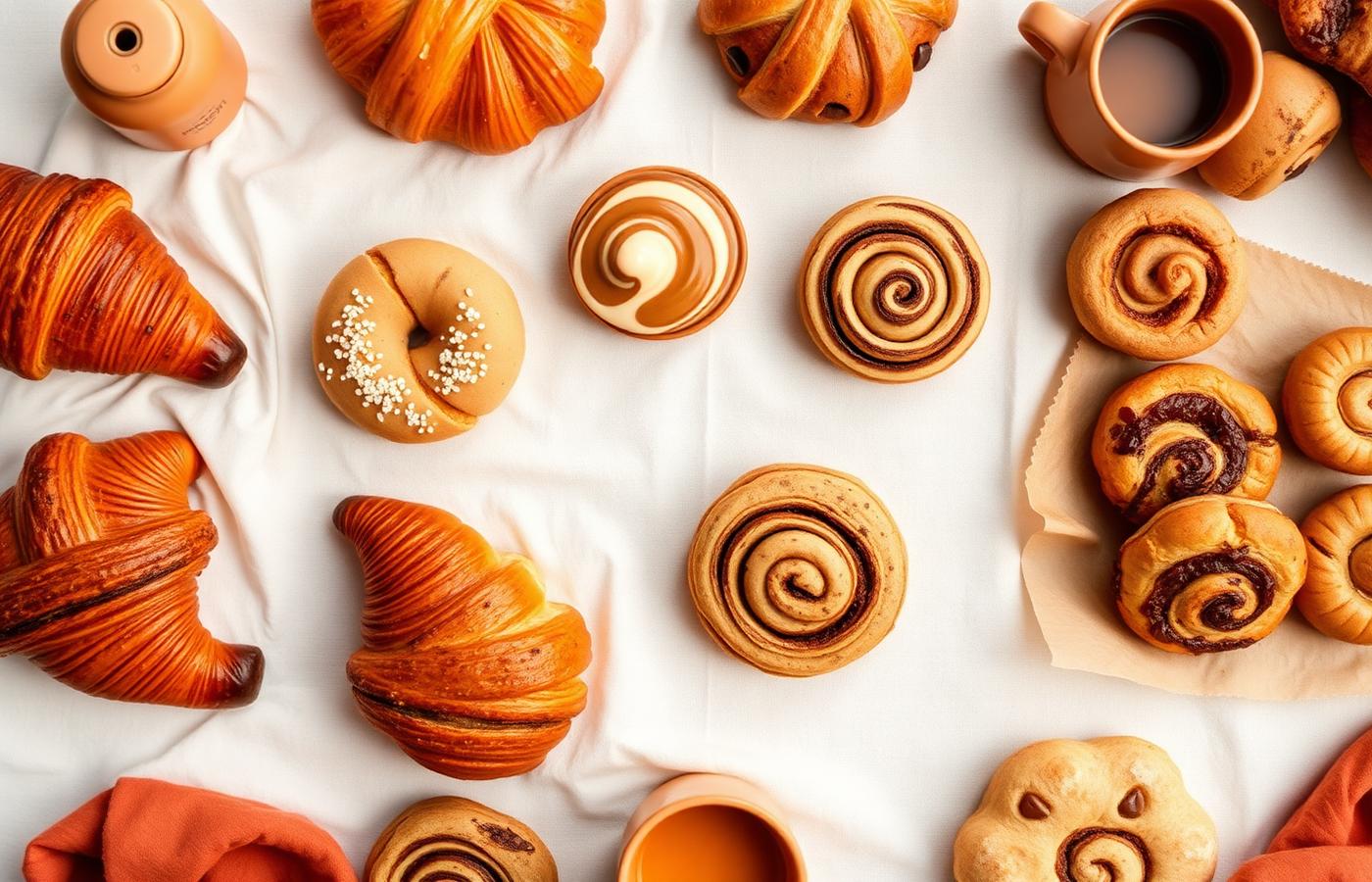 Assorted croissants, cinnamon rolls and cookies on a linen cloth