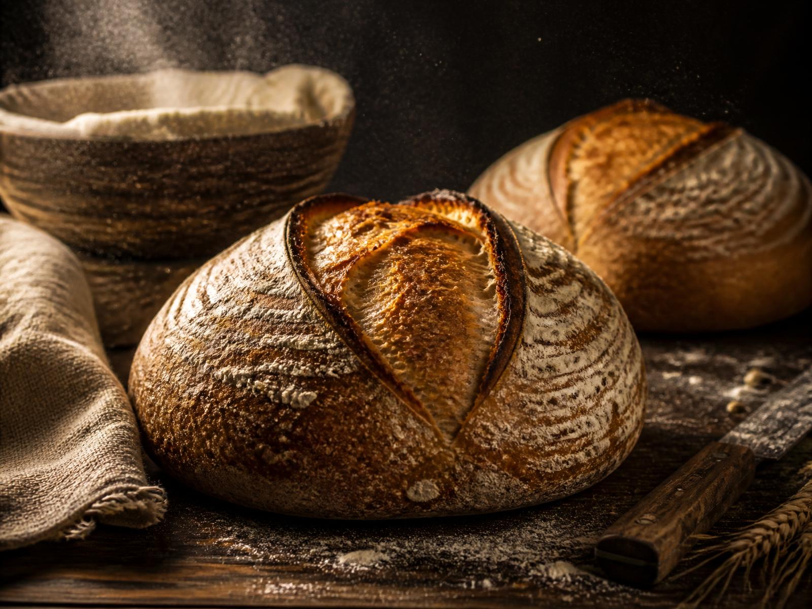 Freshly baked sourdough loaves with scored crusts on a wooden bakery table